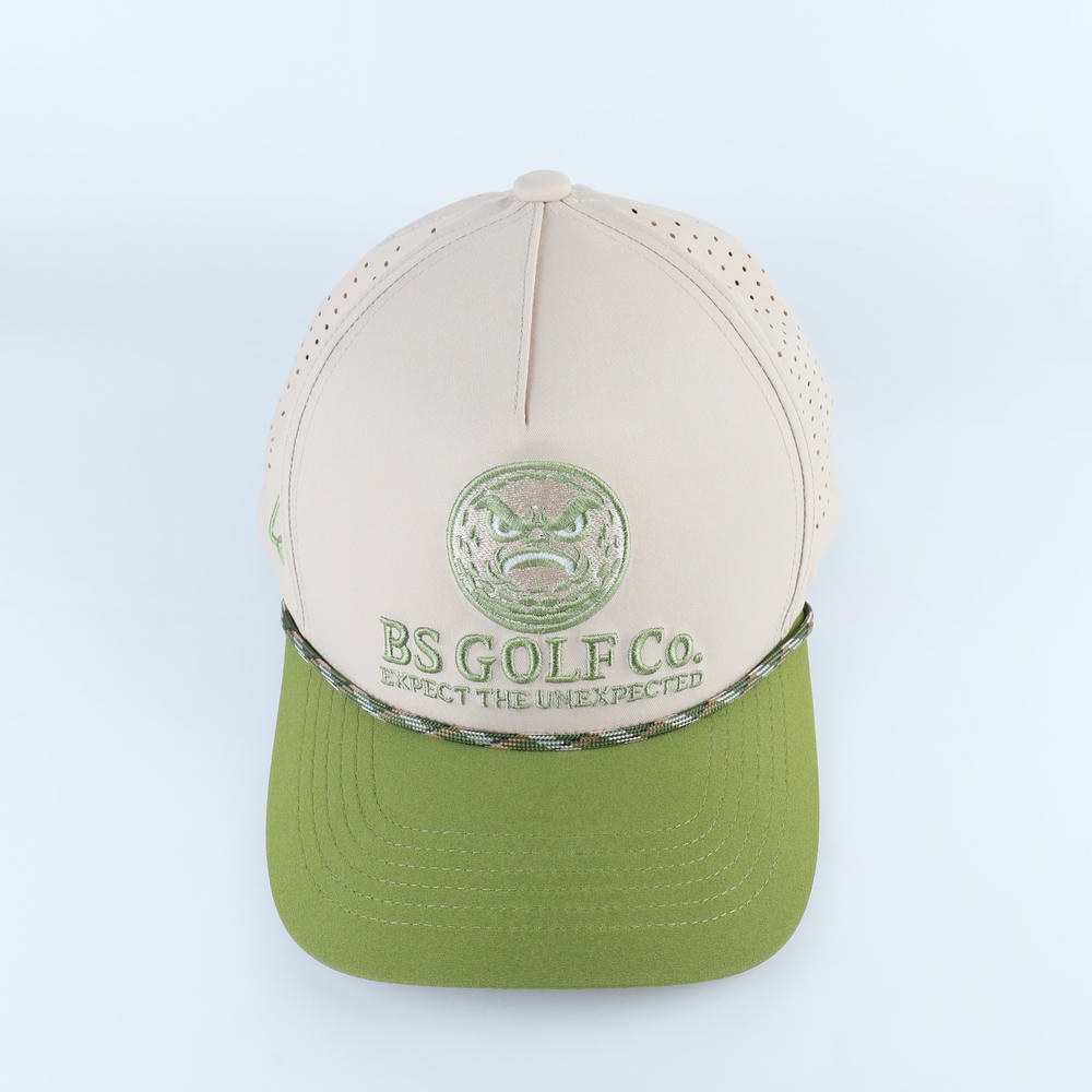 Laser-perforated golf cap with embroidered logo produced by Caps Mill for tournament use