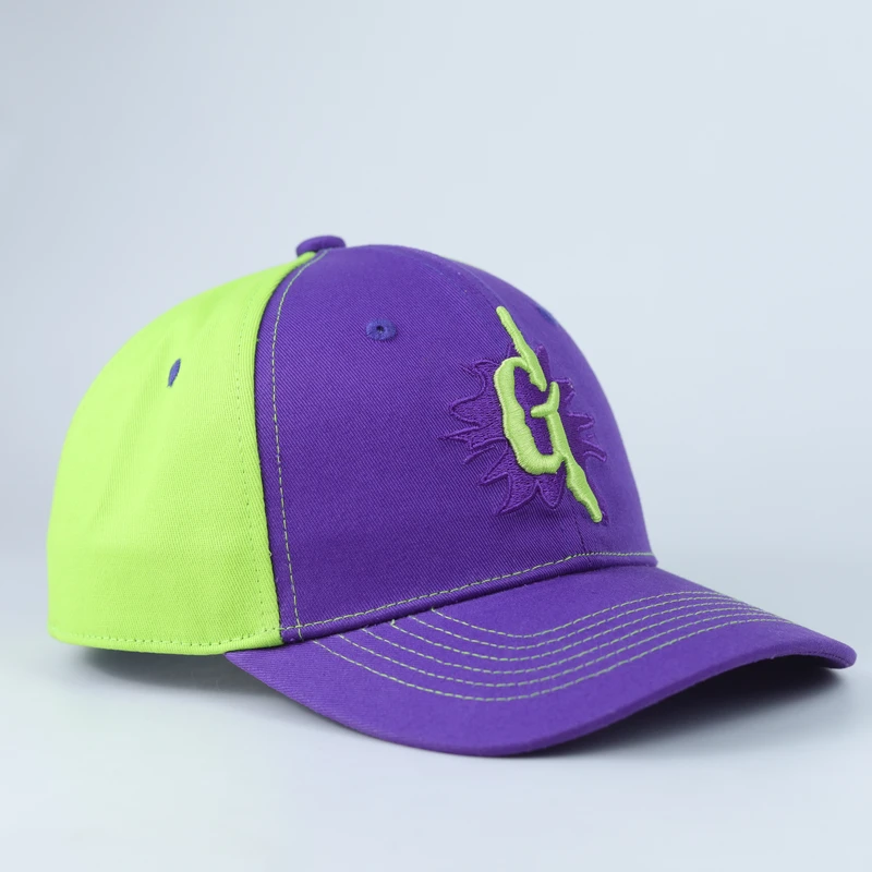 Angled purple and fluorescent lime cap with contrast embroidered symbol