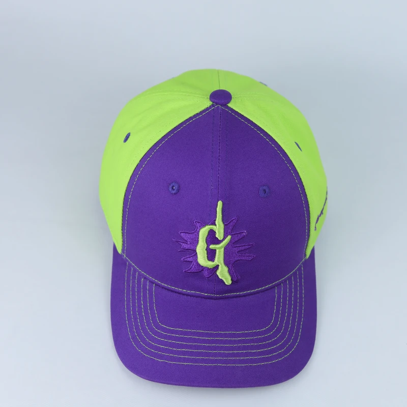 Top and front view of vivid purple lime colorblock embroidered baseball cap