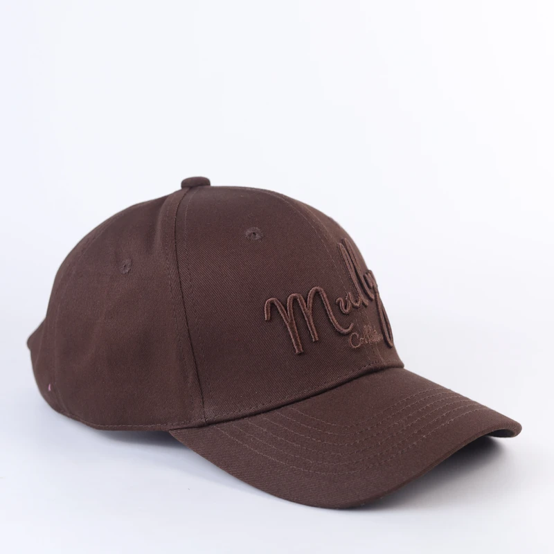 Brown cap with tonal script embroidery and curved visor, side-front view